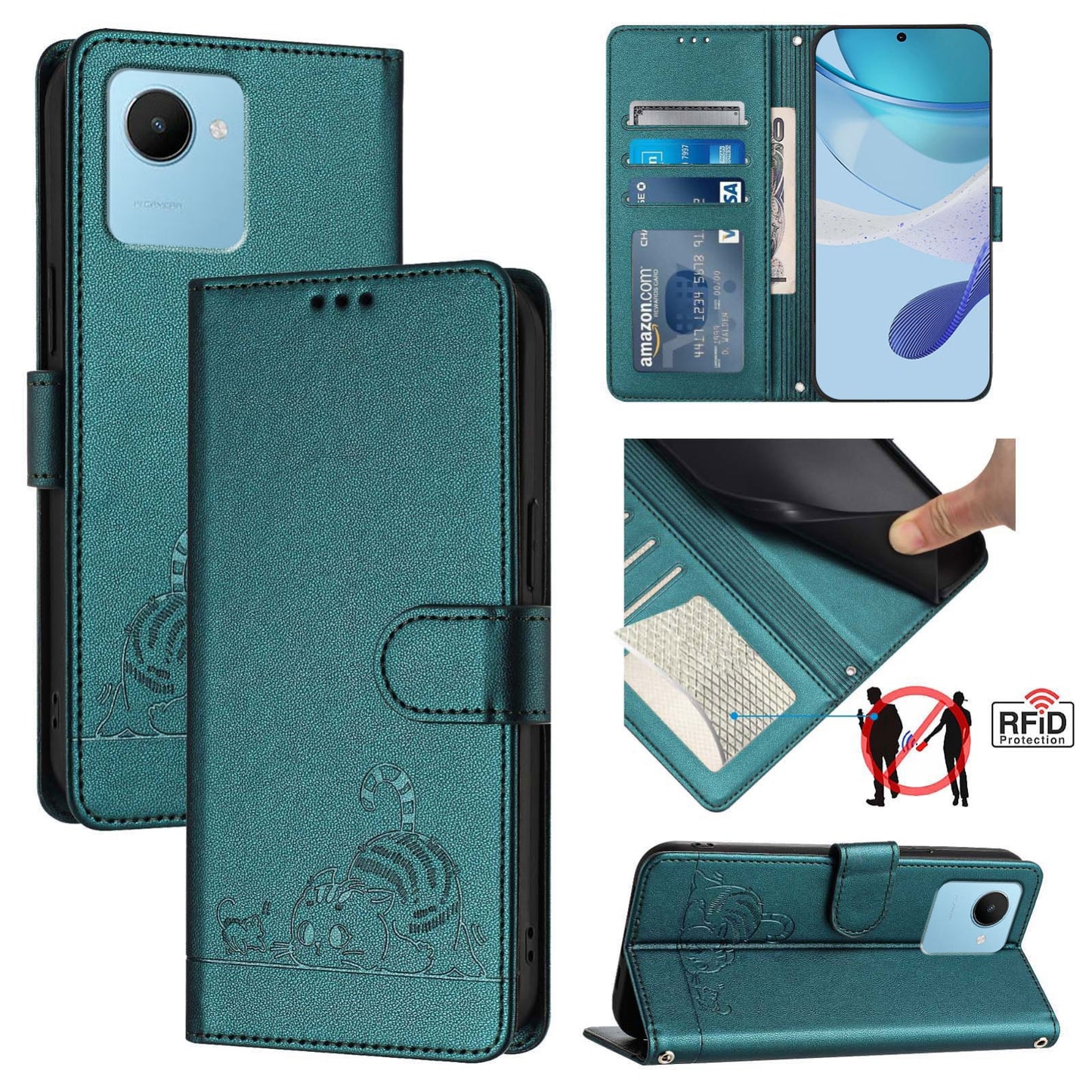 Realme C30S Cat and Rat Embossed Pattern, RFID Leather Phone Case with Lanyard, Kickstand, and Wallet Features