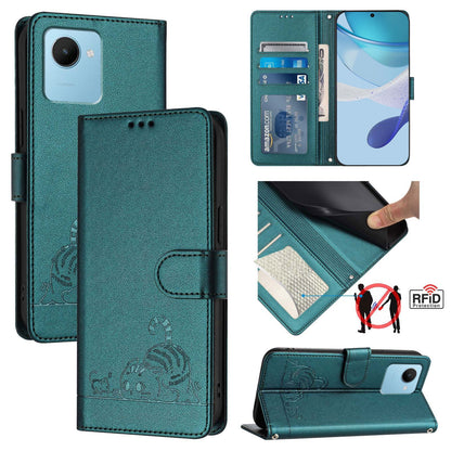 Realme C30S Cat and Rat Embossed Pattern, RFID Leather Phone Case with Lanyard, Kickstand, and Wallet Features