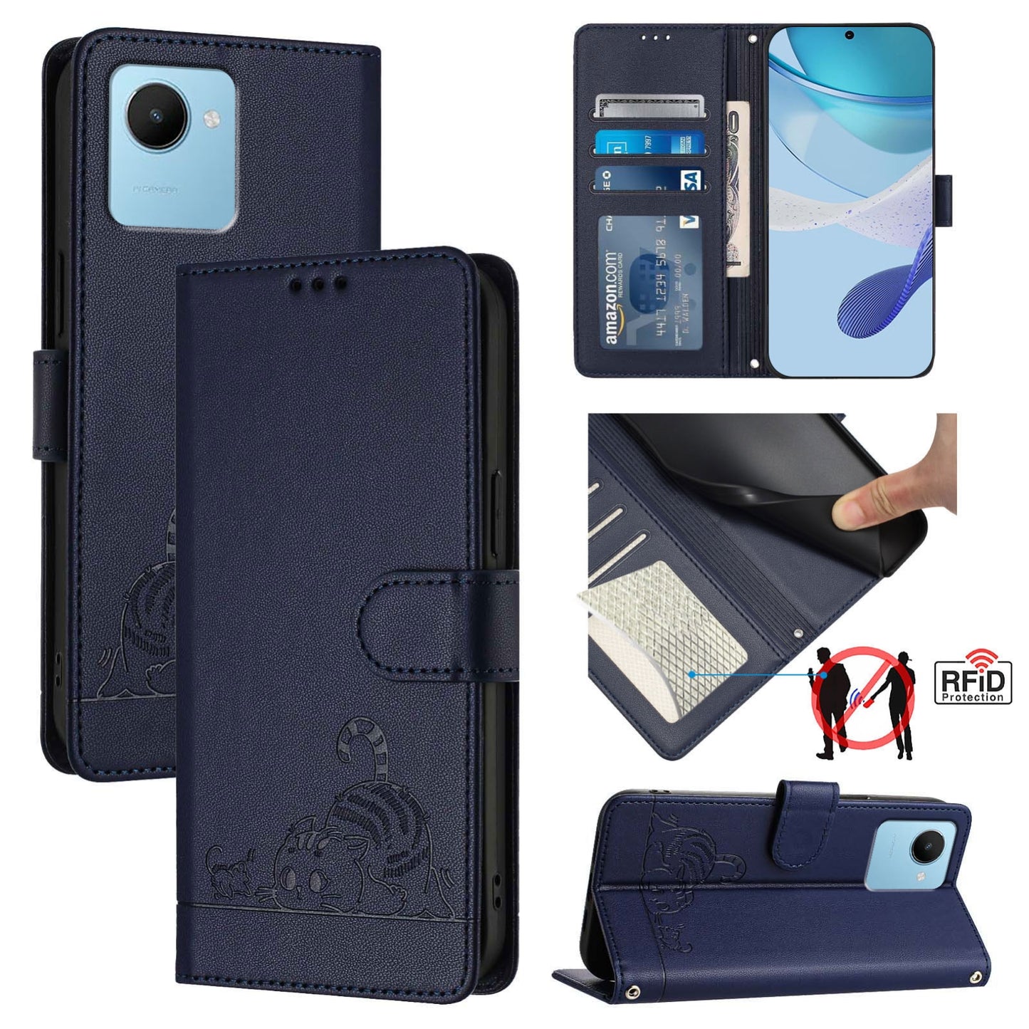 Realme C30S Cat and Rat Embossed Pattern, RFID Leather Phone Case with Lanyard, Kickstand, and Wallet Features