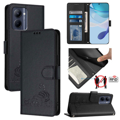 Realme C33 2022 Global Cat and Rat Embossed Pattern, RFID Leather Phone Case with Lanyard, Kickstand, and Wallet Features