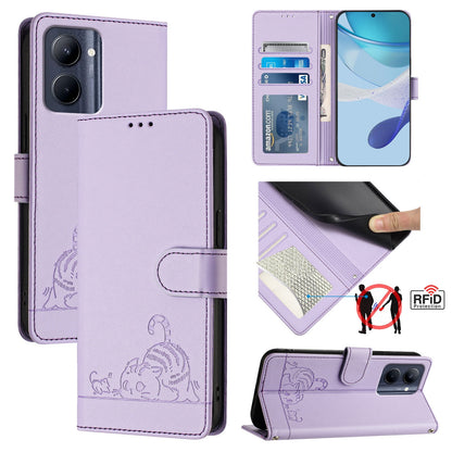 Realme C33 2023 Global Cat and Rat Embossed Pattern, RFID Leather Phone Case with Lanyard, Kickstand, and Wallet Features