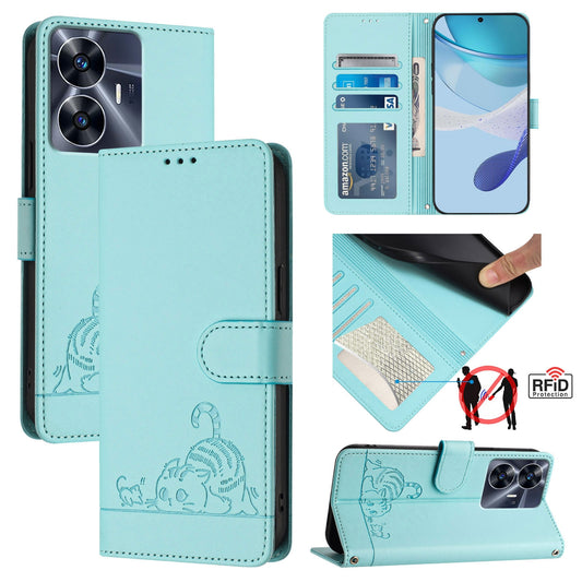 Realme C55 4G Global Cat and Rat Embossed Pattern, RFID Leather Phone Case with Lanyard, Kickstand, and Wallet Features