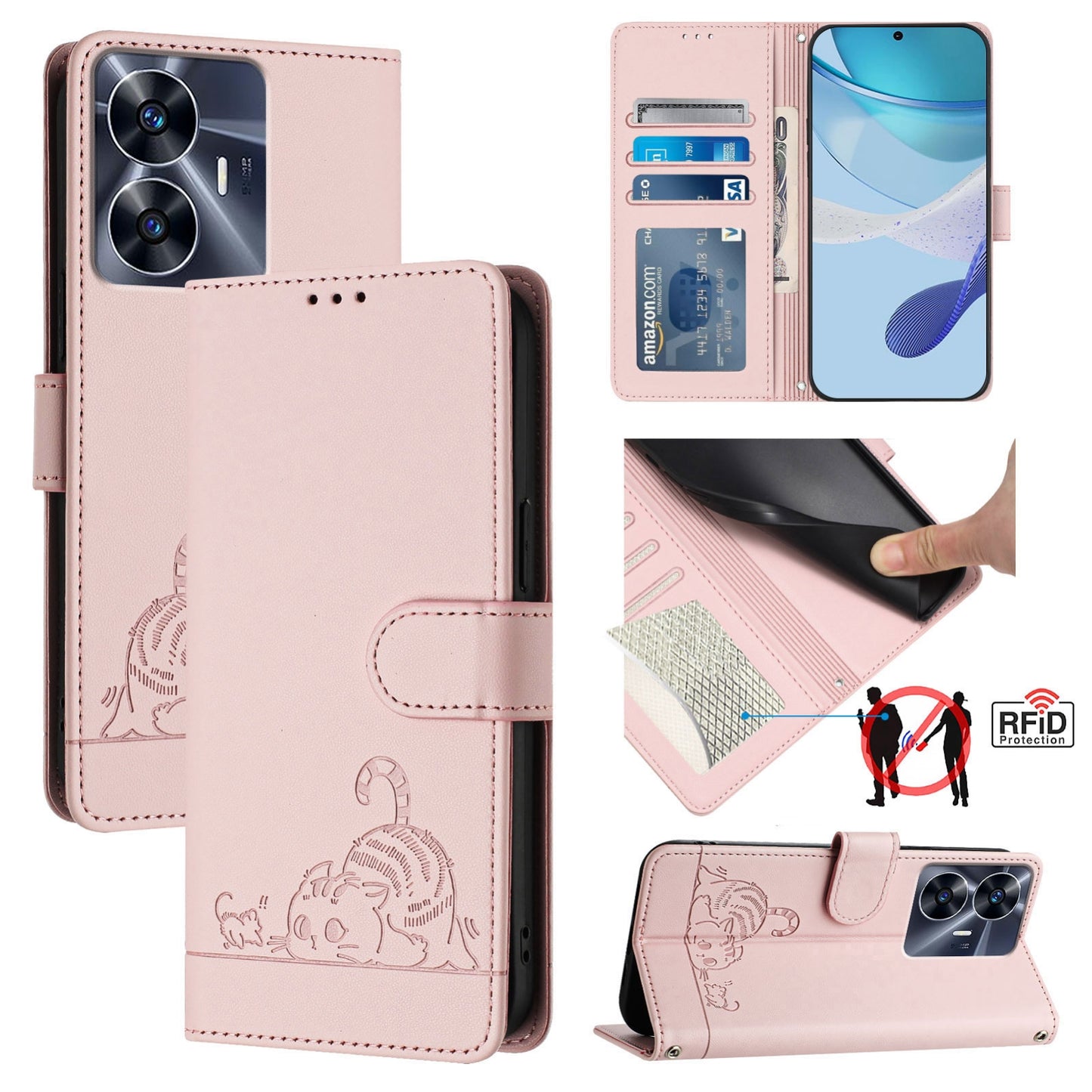 Realme C55 4G Global Cat and Rat Embossed Pattern, RFID Leather Phone Case with Lanyard, Kickstand, and Wallet Features