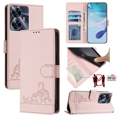 Realme C55 4G Global Cat and Rat Embossed Pattern, RFID Leather Phone Case with Lanyard, Kickstand, and Wallet Features