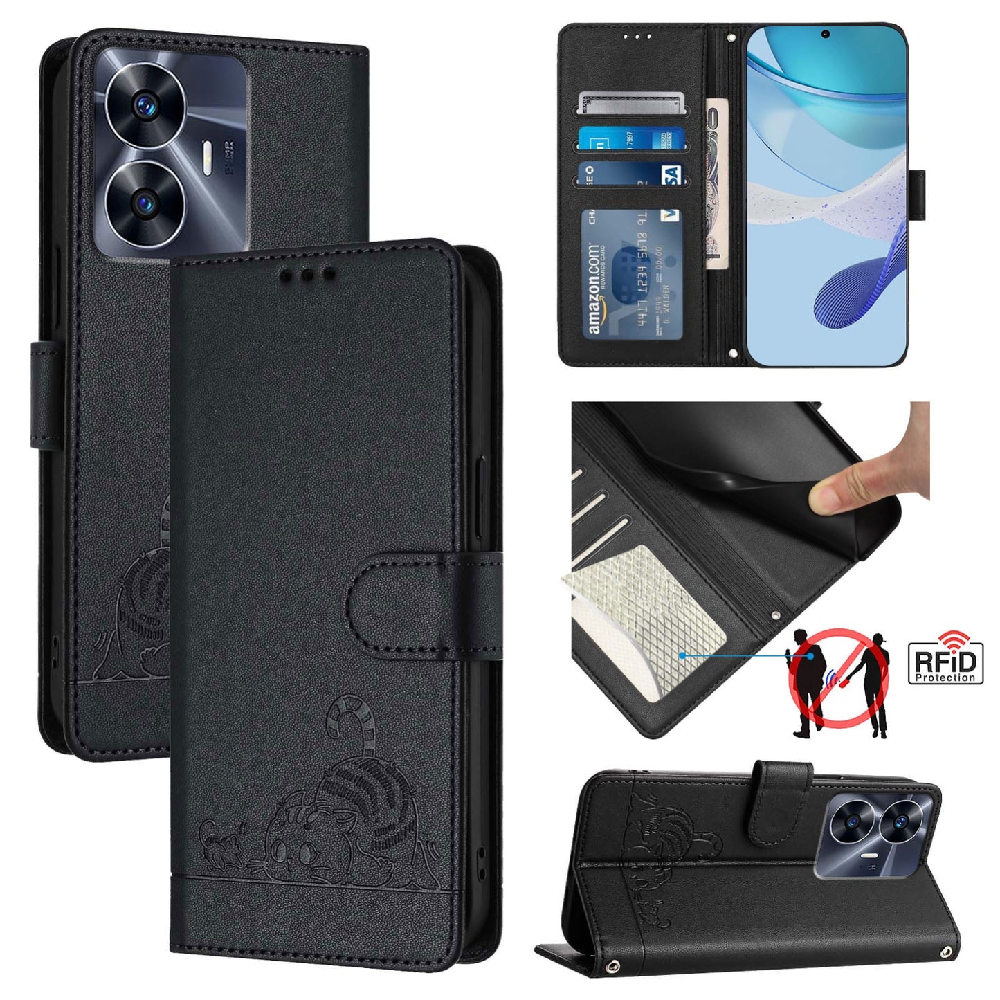 Realme C55 4G Global Cat and Rat Embossed Pattern, RFID Leather Phone Case with Lanyard, Kickstand, and Wallet Features