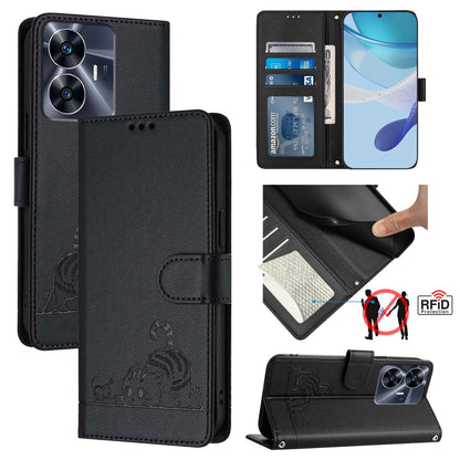 Realme Narzo N55 Cat and Rat Embossed Pattern, RFID Leather Phone Case with Lanyard, Kickstand, and Wallet Features