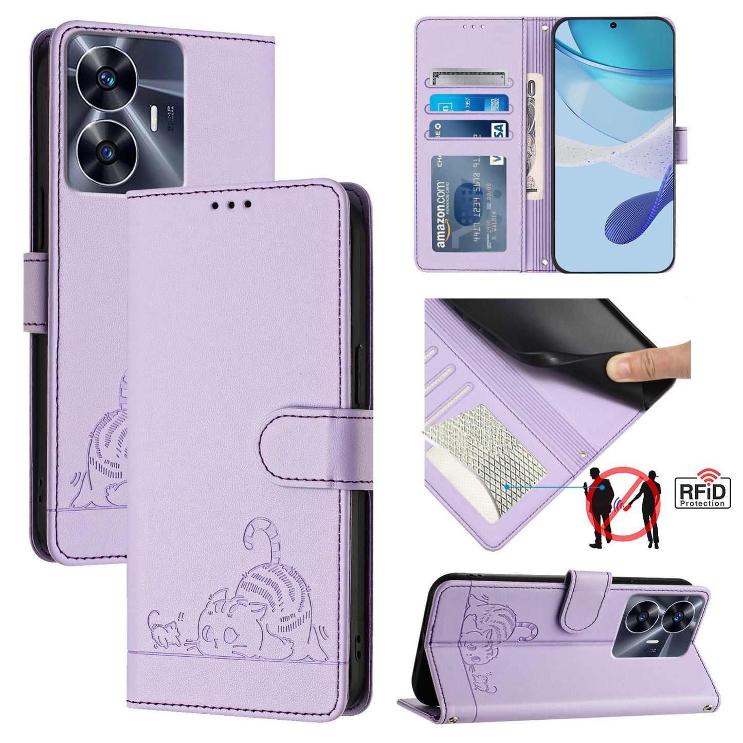 Realme Narzo N55 Cat and Rat Embossed Pattern, RFID Leather Phone Case with Lanyard, Kickstand, and Wallet Features