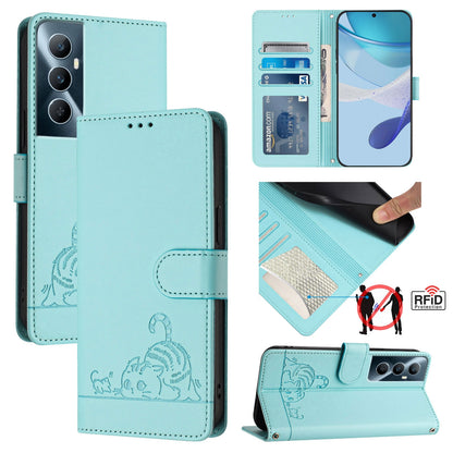 Realme C65 4G Global Cat and Rat Embossed Pattern, RFID Leather Phone Case with Lanyard, Kickstand, and Wallet Features