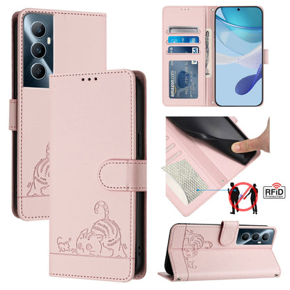 Realme C65 4G Global Cat and Rat Embossed Pattern, RFID Leather Phone Case with Lanyard, Kickstand, and Wallet Features