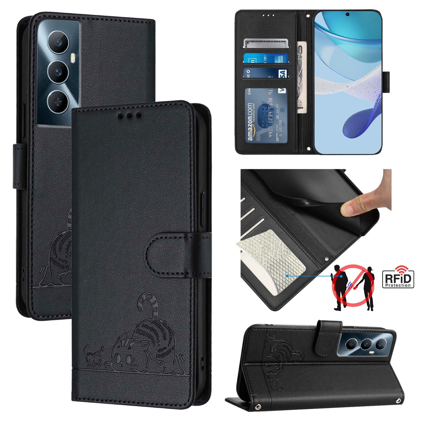 Realme C65 4G Global Cat and Rat Embossed Pattern, RFID Leather Phone Case with Lanyard, Kickstand, and Wallet Features