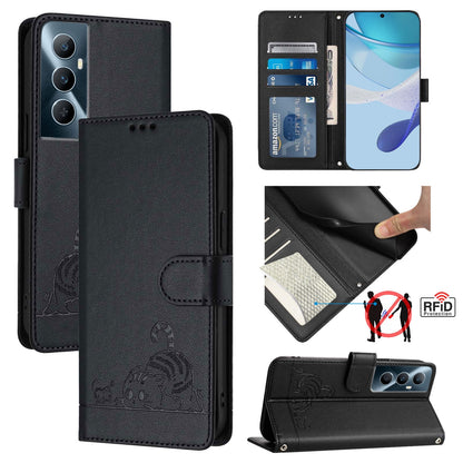 Realme C65 4G Global Cat and Rat Embossed Pattern, RFID Leather Phone Case with Lanyard, Kickstand, and Wallet Features