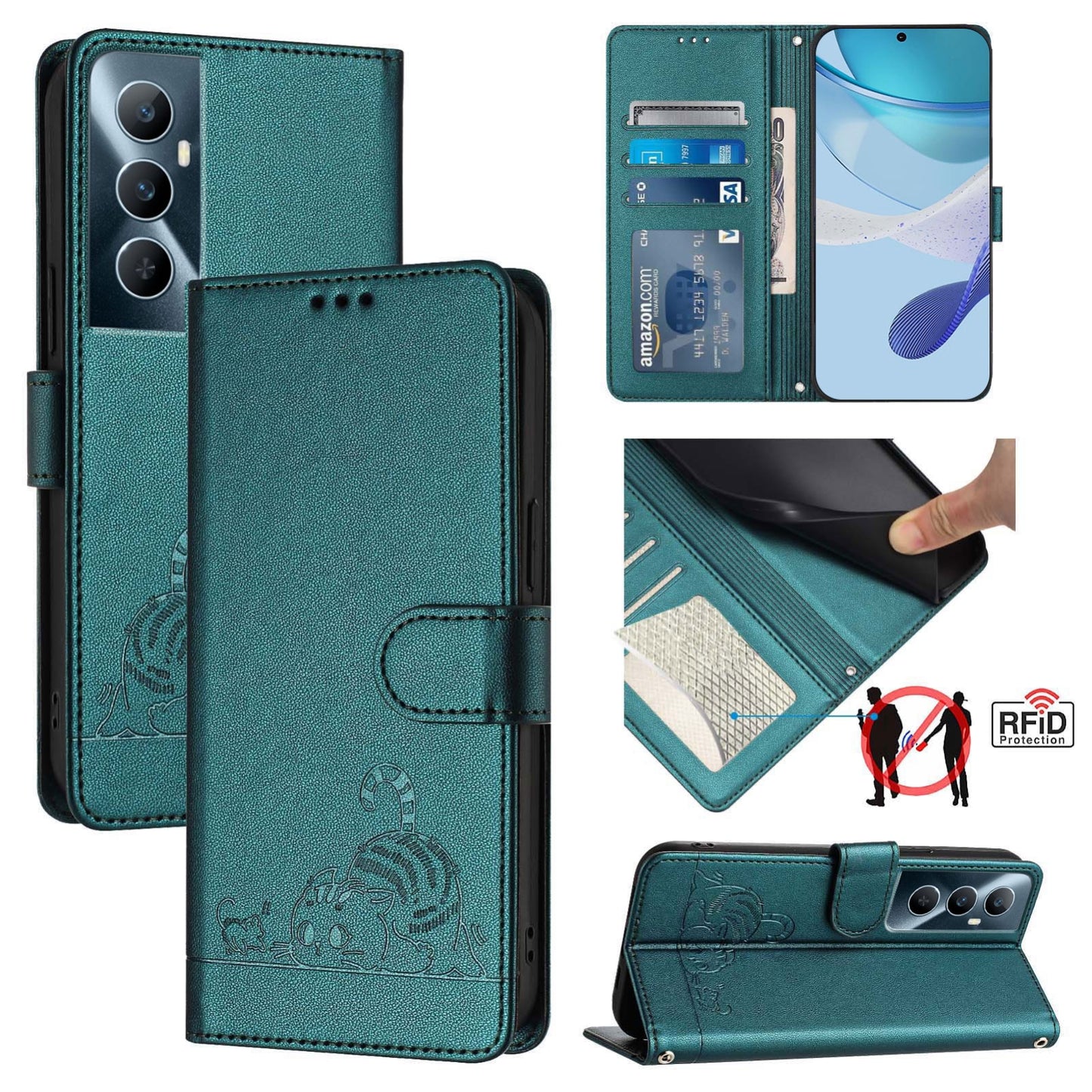 Realme C65 4G Global Cat and Rat Embossed Pattern, RFID Leather Phone Case with Lanyard, Kickstand, and Wallet Features