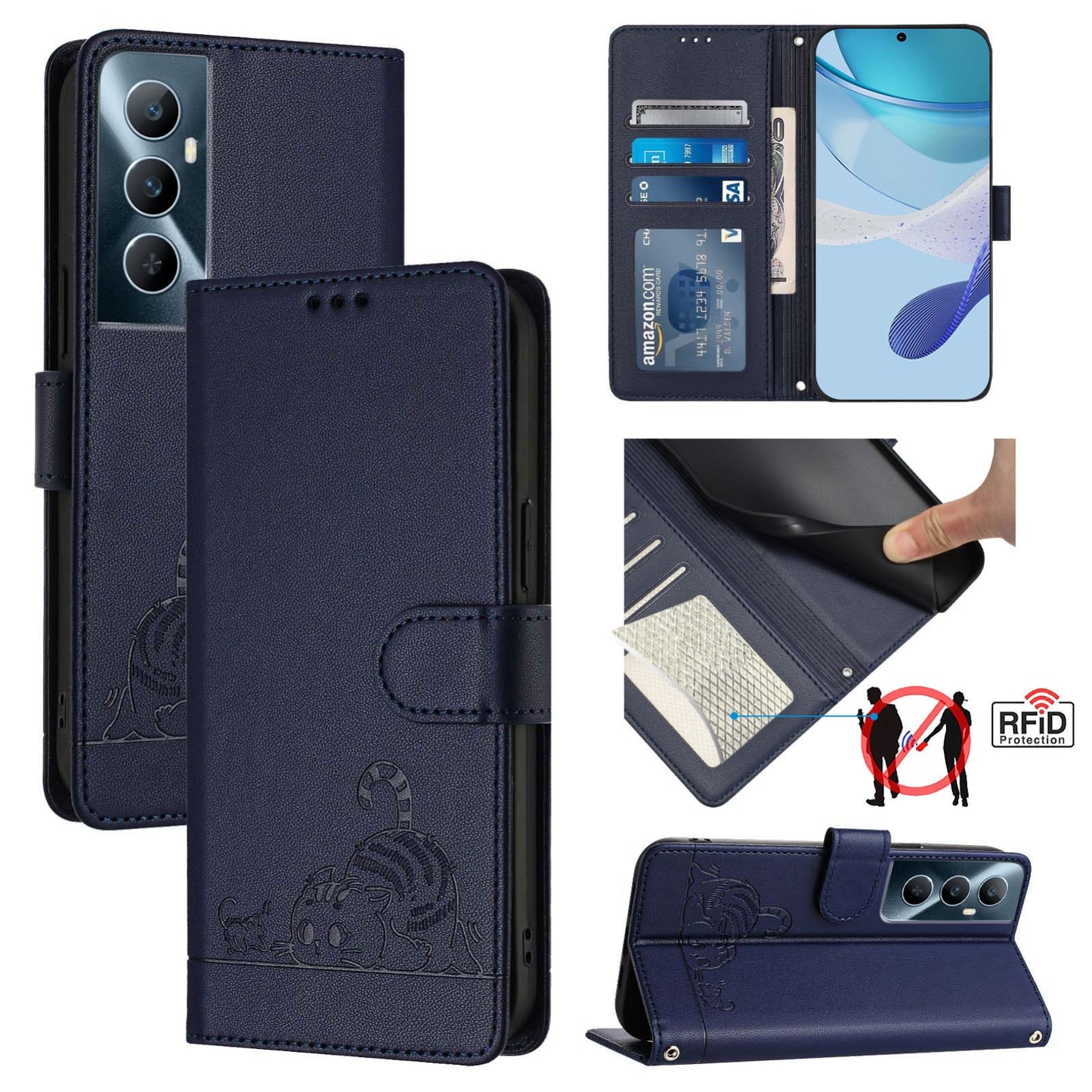 Realme C65 4G Global Cat and Rat Embossed Pattern, RFID Leather Phone Case with Lanyard, Kickstand, and Wallet Features