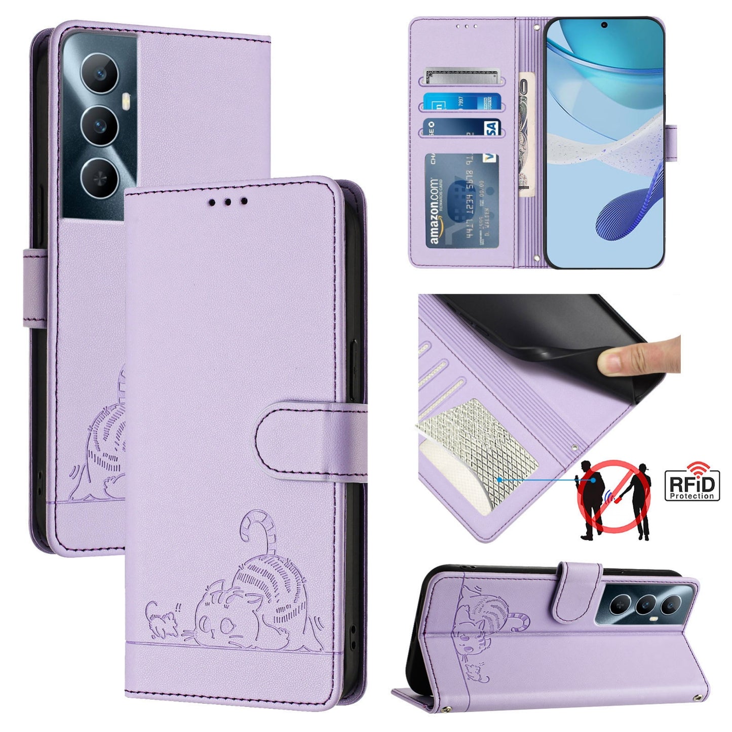 Realme C65 4G Global Cat and Rat Embossed Pattern, RFID Leather Phone Case with Lanyard, Kickstand, and Wallet Features