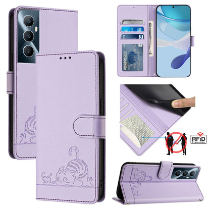 Realme C65 4G Global Cat and Rat Embossed Pattern, RFID Leather Phone Case with Lanyard, Kickstand, and Wallet Features
