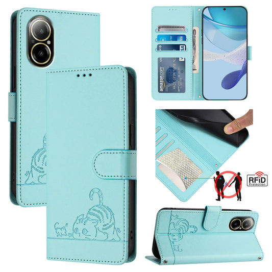 Realme C67 4G Global Cat and Rat Embossed Pattern, RFID Leather Phone Case with Lanyard, Kickstand, and Wallet Features