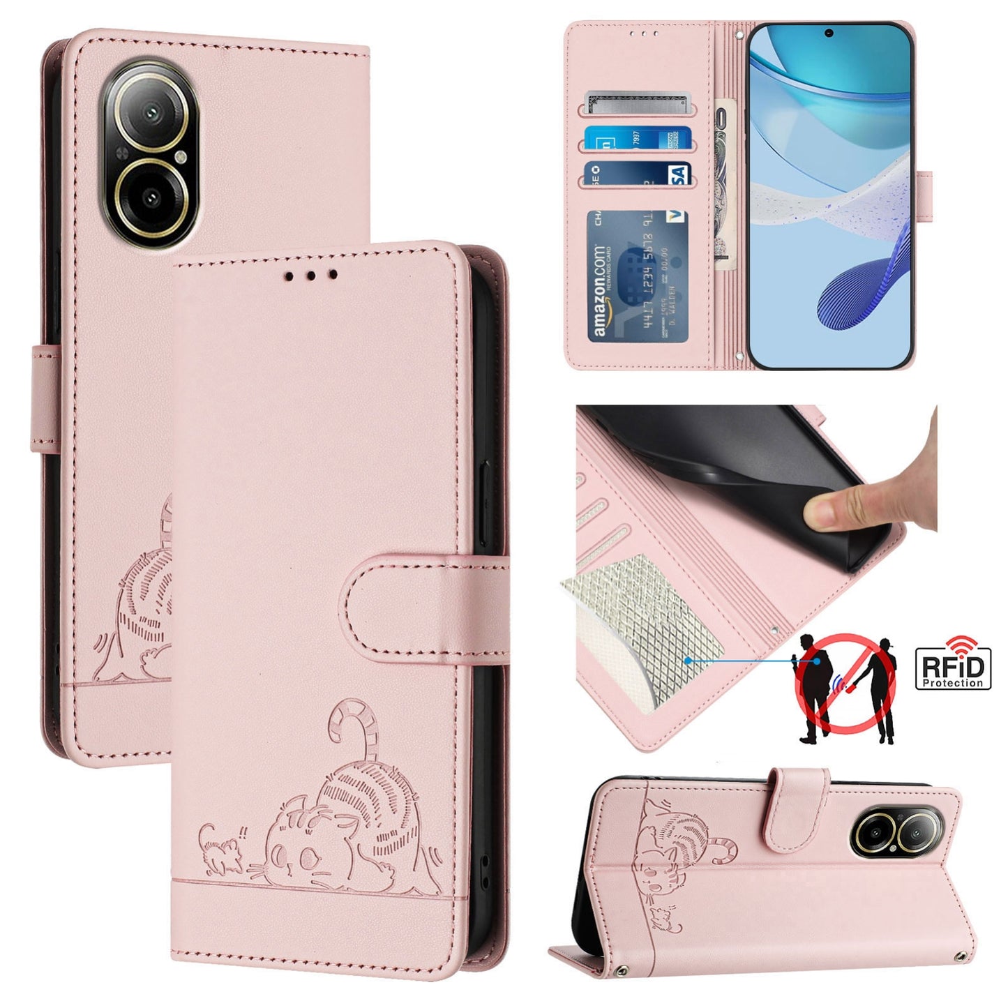 Realme C67 4G Global Cat and Rat Embossed Pattern, RFID Leather Phone Case with Lanyard, Kickstand, and Wallet Features