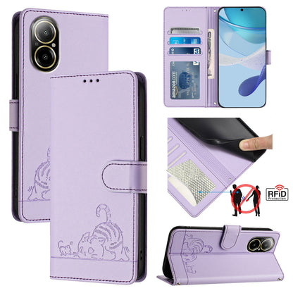 Realme C67 4G Global Cat and Rat Embossed Pattern, RFID Leather Phone Case with Lanyard, Kickstand, and Wallet Features