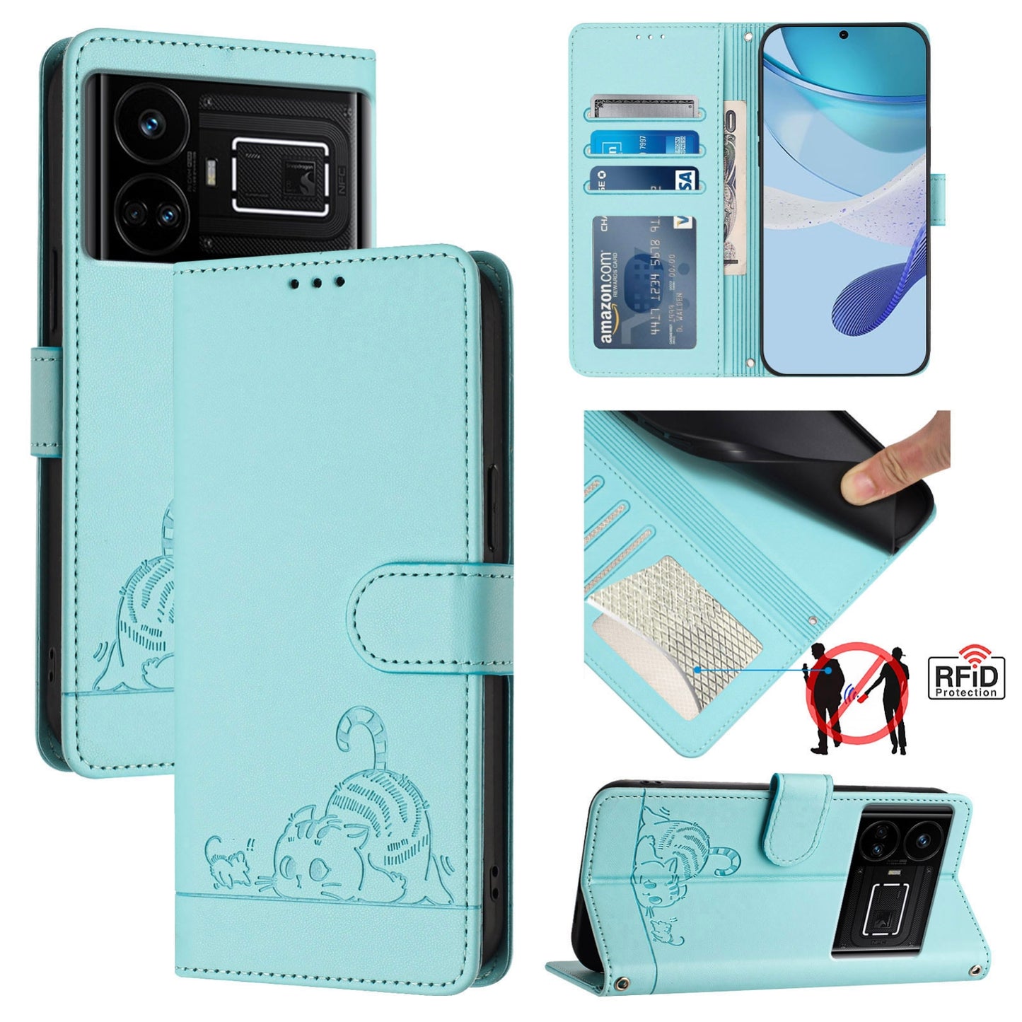 Realme GT 5G Cat and Rat Embossed Pattern, RFID Leather Phone Case with Lanyard, Kickstand, and Wallet Features