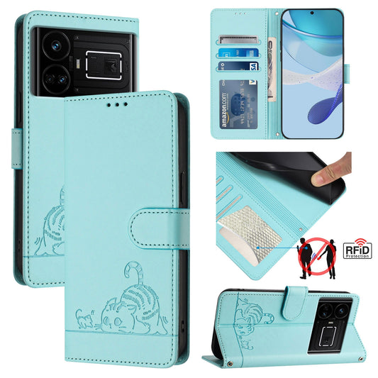 Realme GT NEO 5G Cat and Rat Embossed Pattern, RFID Leather Phone Case with Lanyard, Kickstand, and Wallet Features