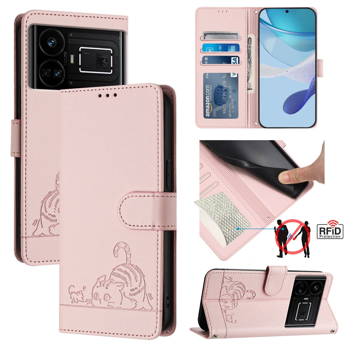 Realme GT 5G Cat and Rat Embossed Pattern, RFID Leather Phone Case with Lanyard, Kickstand, and Wallet Features