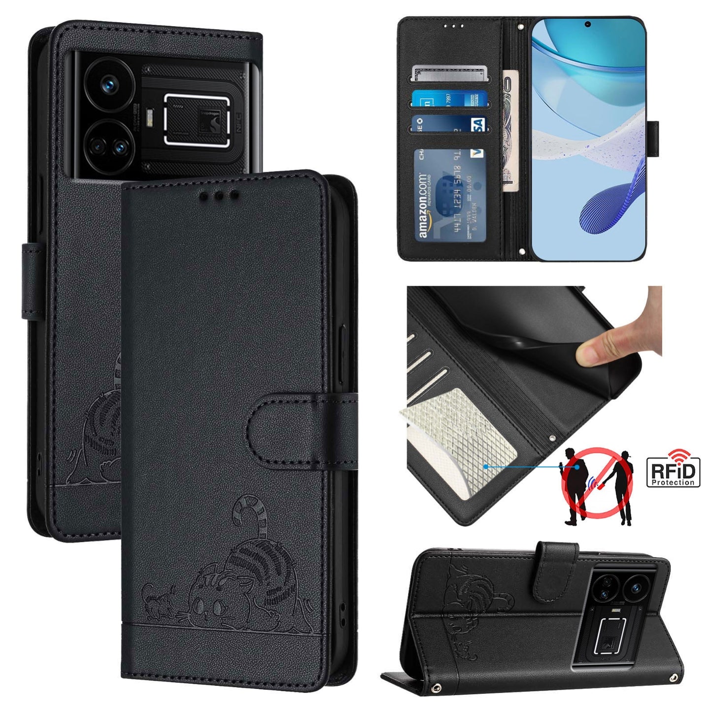Realme GT 5G Cat and Rat Embossed Pattern, RFID Leather Phone Case with Lanyard, Kickstand, and Wallet Features