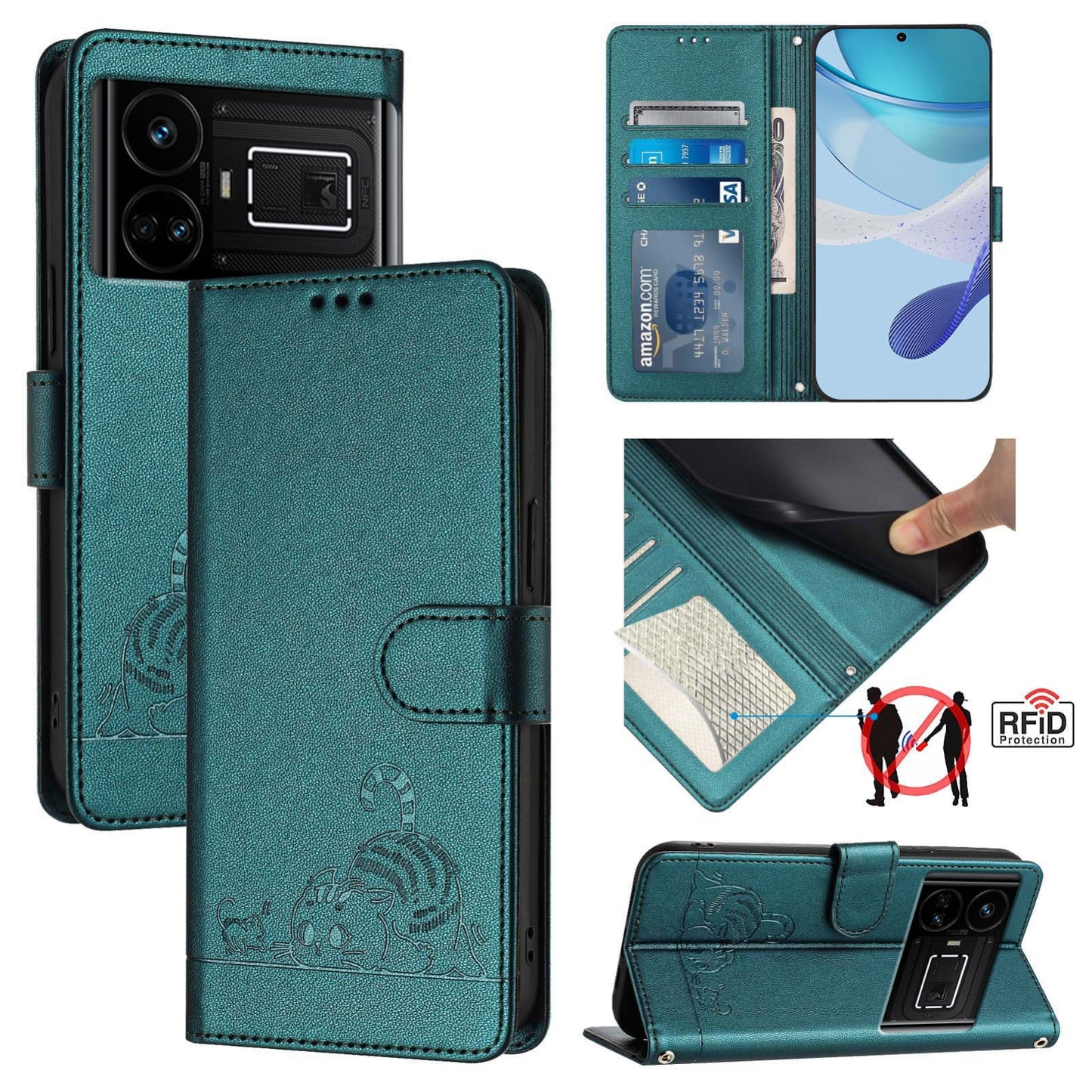 Realme GT NEO 5G Cat and Rat Embossed Pattern, RFID Leather Phone Case with Lanyard, Kickstand, and Wallet Features