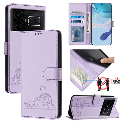 Realme GT 5G Cat and Rat Embossed Pattern, RFID Leather Phone Case with Lanyard, Kickstand, and Wallet Features