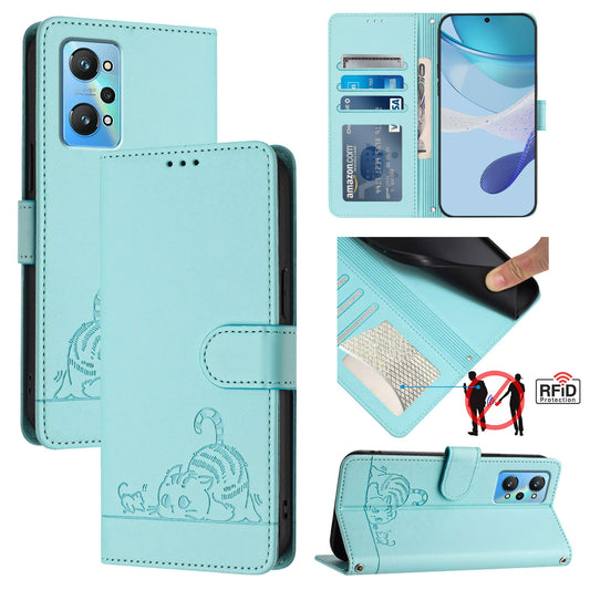 Realme GT NEO 3T Cat and Rat Embossed Pattern, RFID Leather Phone Case with Lanyard, Kickstand, and Wallet Features