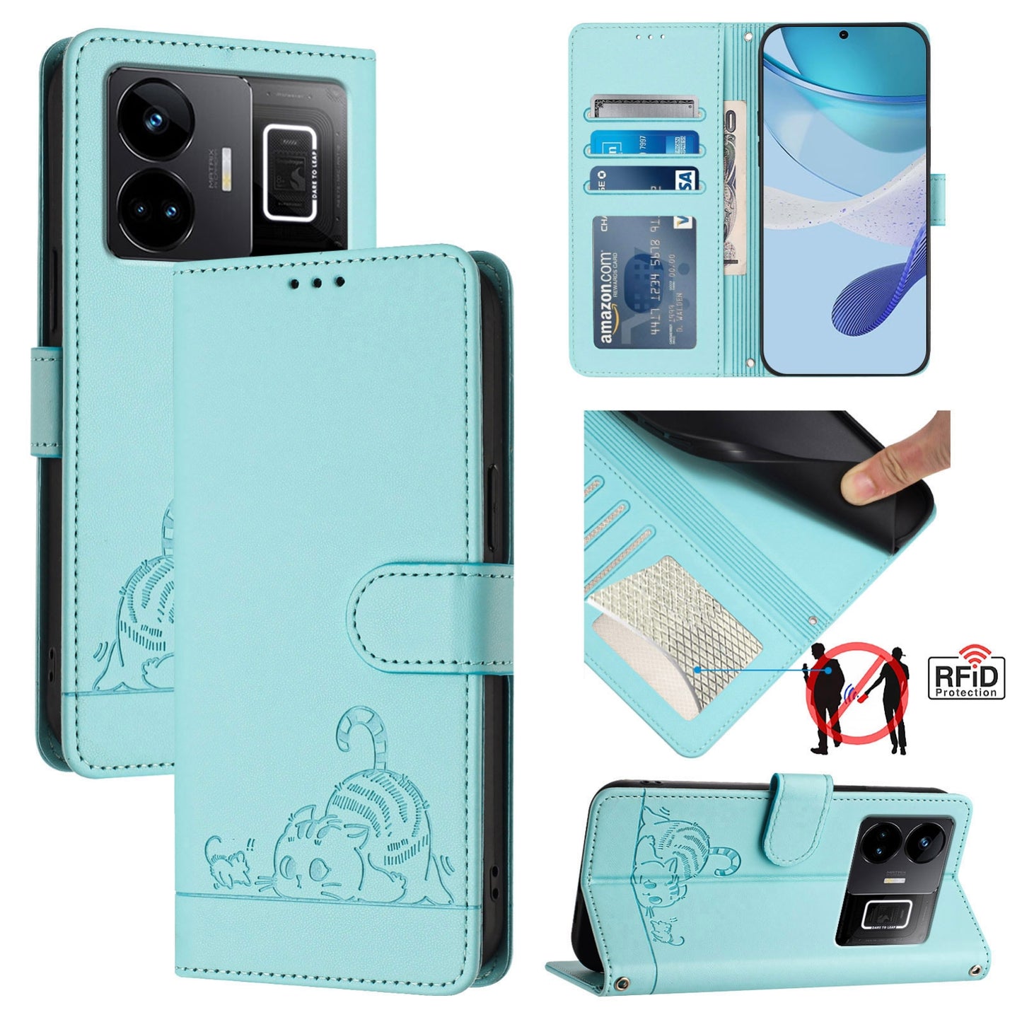 Realme GT3 5G Cat and Rat Embossed Pattern, RFID Leather Phone Case with Lanyard, Kickstand, and Wallet Features