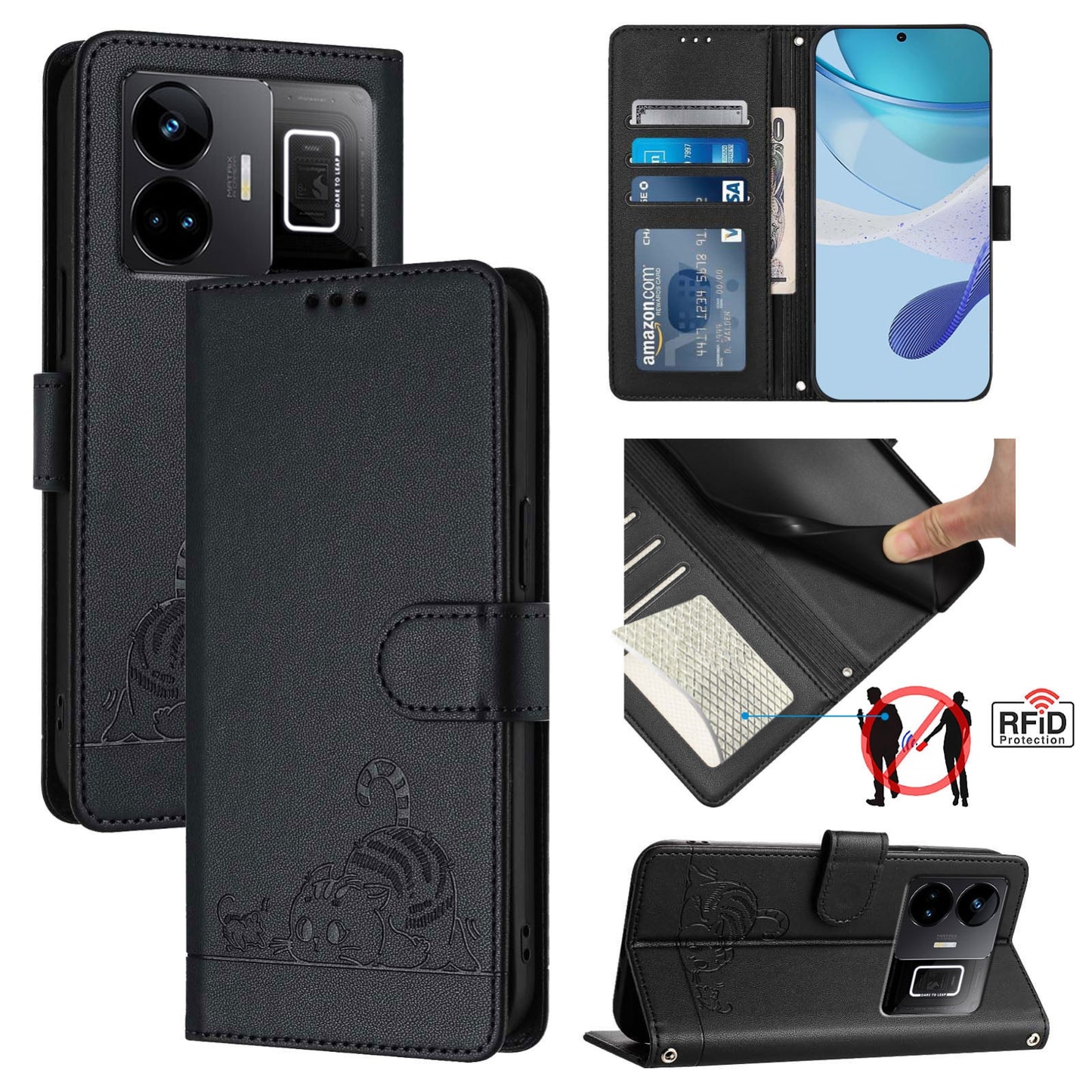 Realme GT3 5G Cat and Rat Embossed Pattern, RFID Leather Phone Case with Lanyard, Kickstand, and Wallet Features