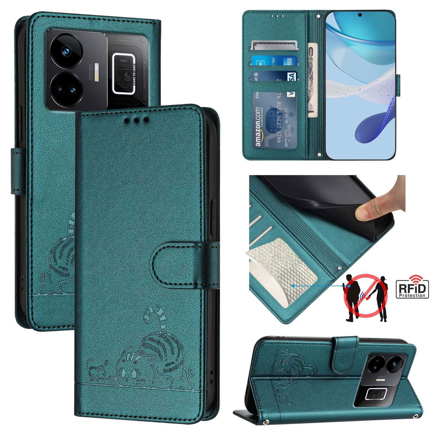 Realme GT3 5G Cat and Rat Embossed Pattern, RFID Leather Phone Case with Lanyard, Kickstand, and Wallet Features