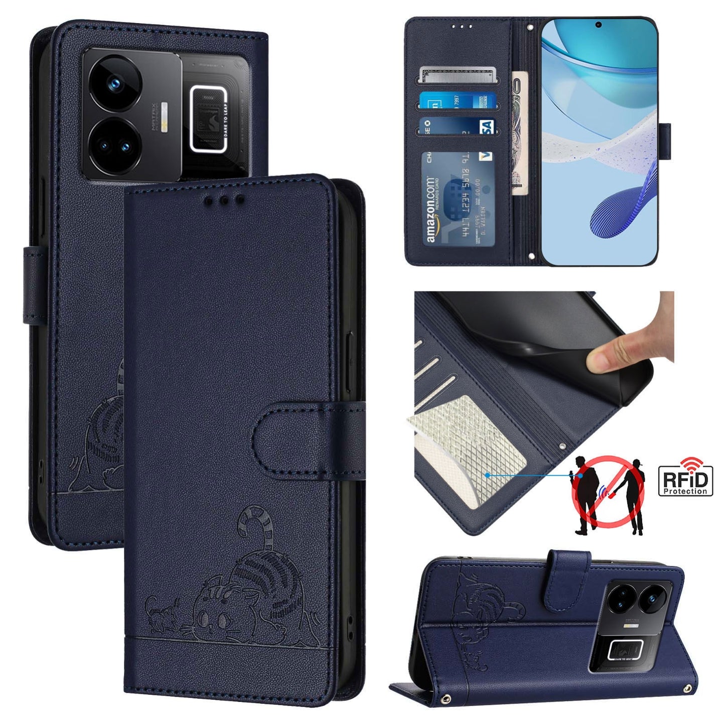 Realme GT3 5G Cat and Rat Embossed Pattern, RFID Leather Phone Case with Lanyard, Kickstand, and Wallet Features