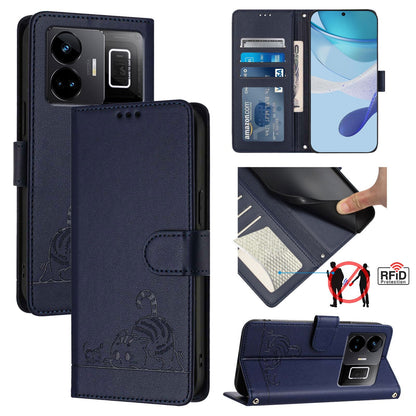 Realme GT3 5G Cat and Rat Embossed Pattern, RFID Leather Phone Case with Lanyard, Kickstand, and Wallet Features