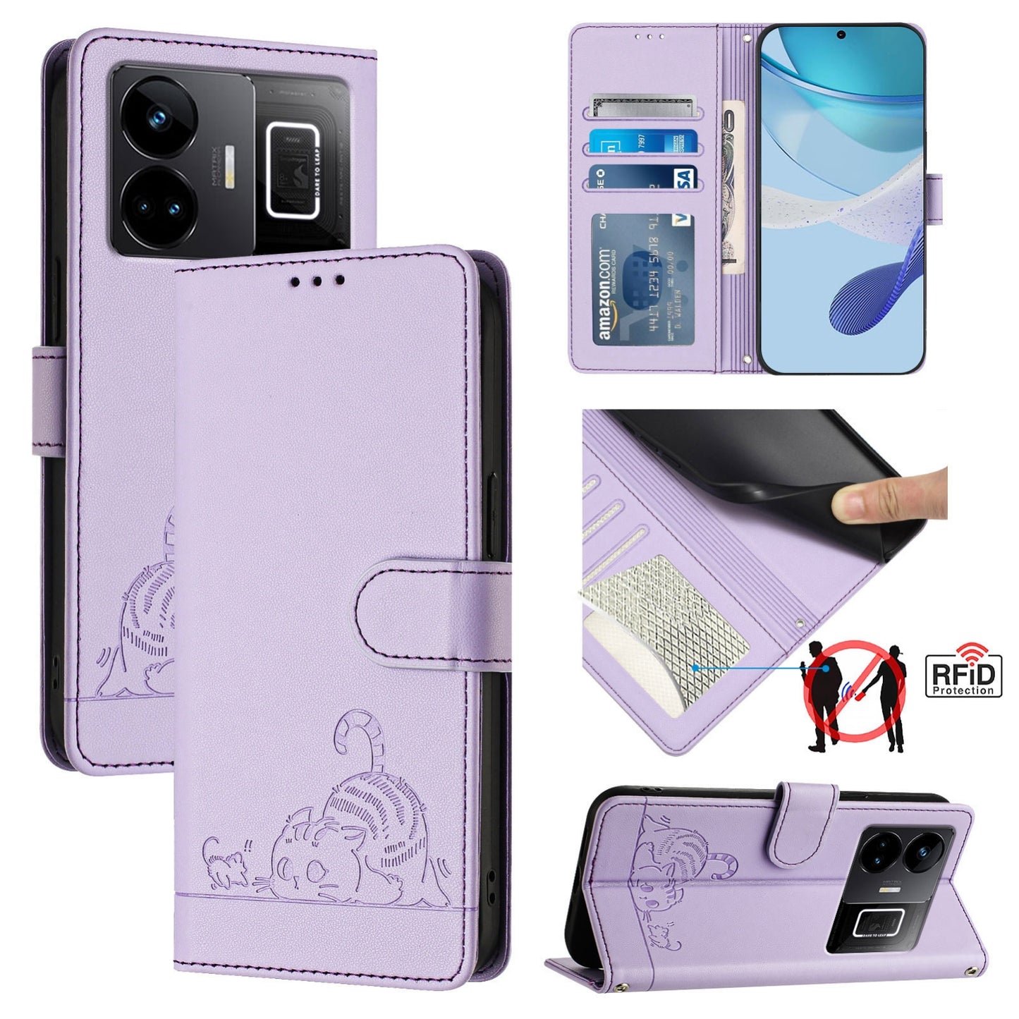 Realme GT3 5G Cat and Rat Embossed Pattern, RFID Leather Phone Case with Lanyard, Kickstand, and Wallet Features