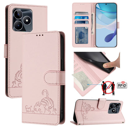 Realme Note 50 4G Global Cat and Rat Embossed Pattern, RFID Leather Phone Case with Lanyard, Kickstand, and Wallet Features