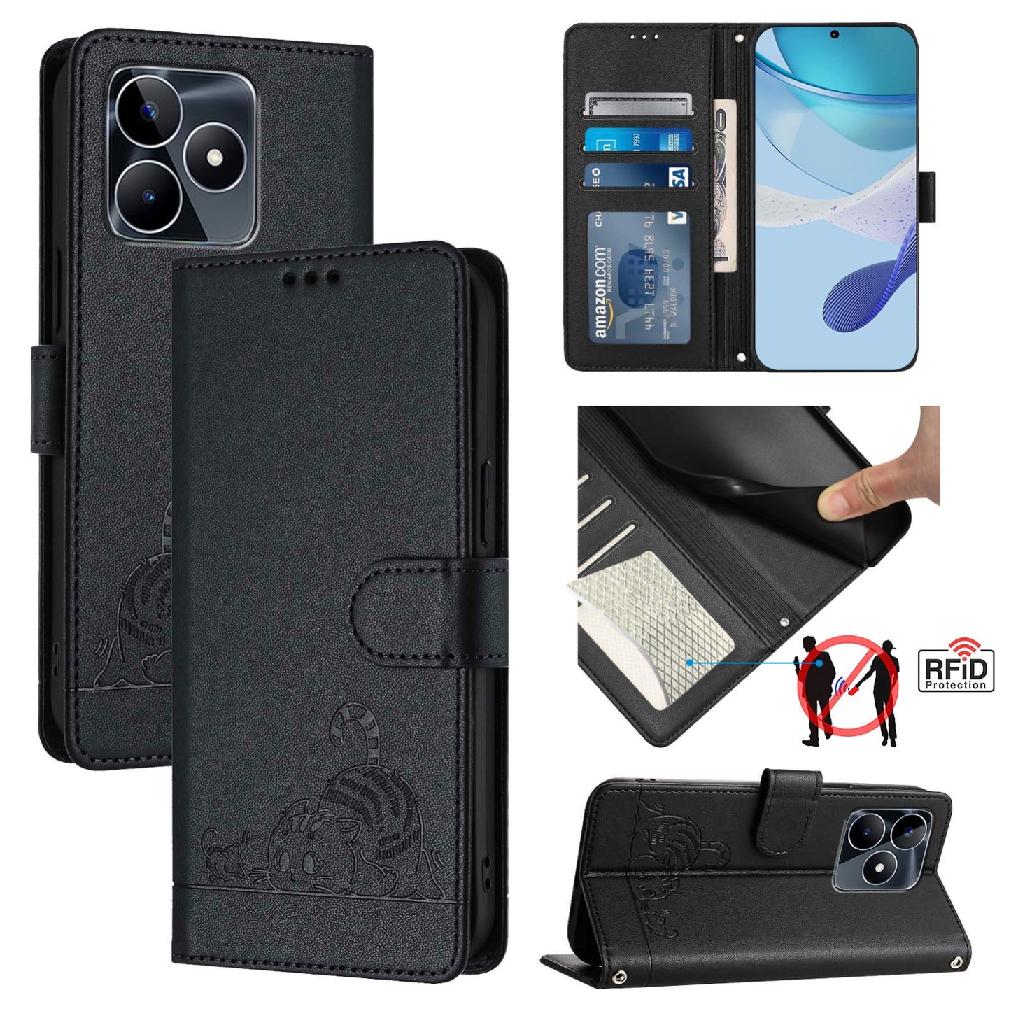 Realme Note 50 4G Global Cat and Rat Embossed Pattern, RFID Leather Phone Case with Lanyard, Kickstand, and Wallet Features