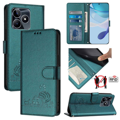 Realme C53 4G Global Cat and Rat Embossed Pattern, RFID Leather Phone Case with Lanyard, Kickstand, and Wallet Features