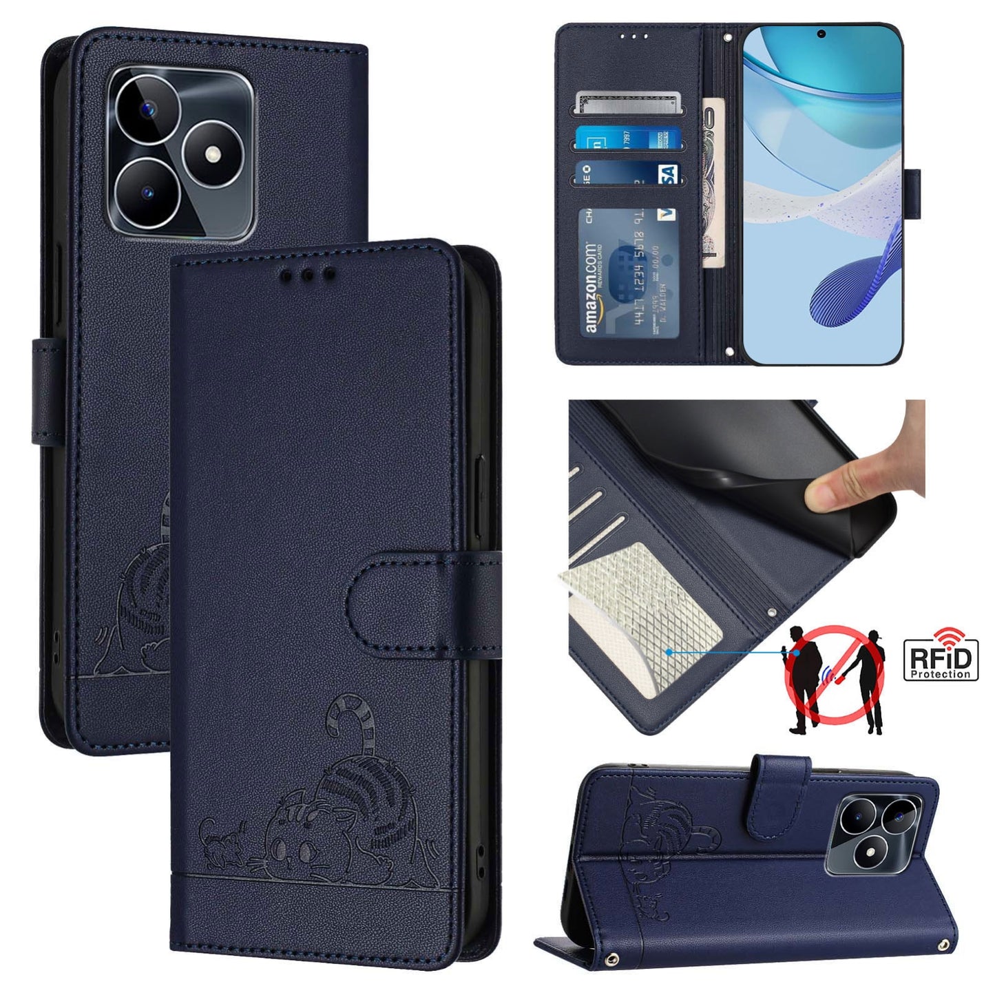 Realme C51 4G Cat and Rat Embossed Pattern, RFID Leather Phone Case with Lanyard, Kickstand, and Wallet Features