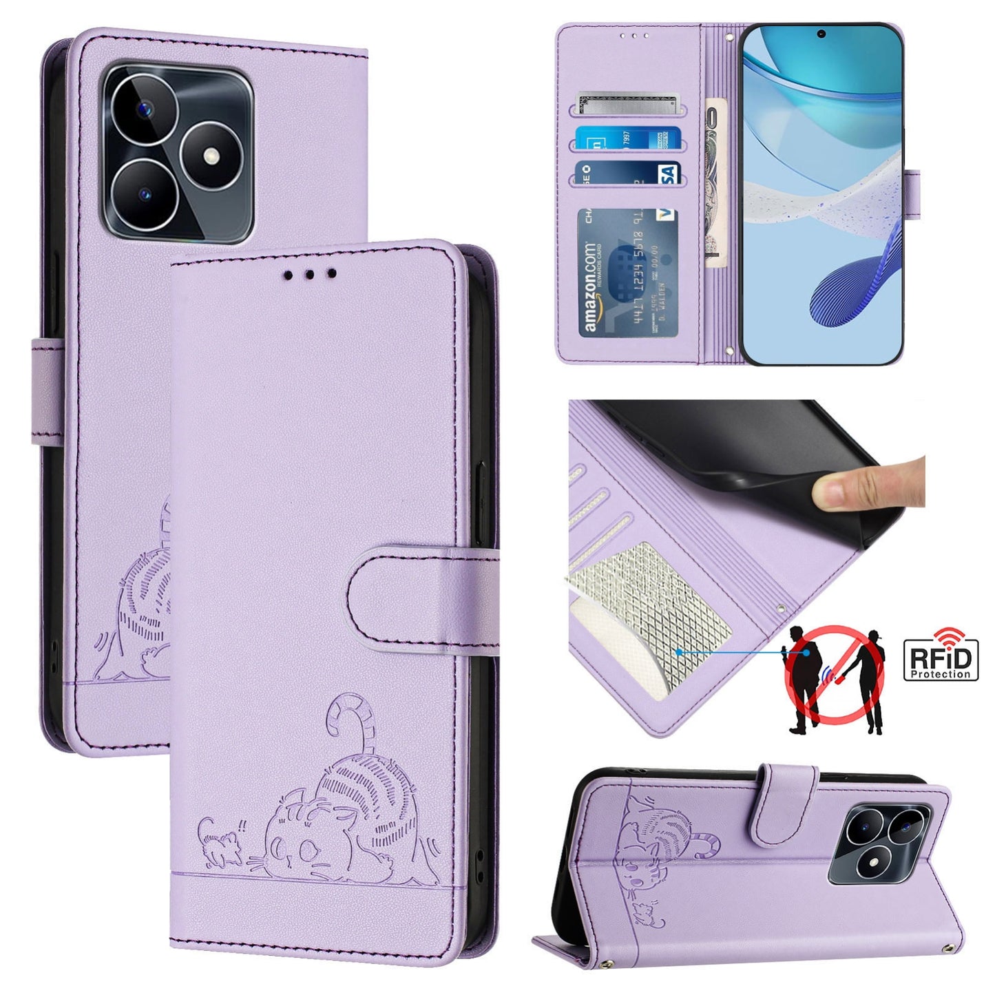 Realme C51 4G Cat and Rat Embossed Pattern, RFID Leather Phone Case with Lanyard, Kickstand, and Wallet Features