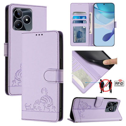 Realme C53 4G Global Cat and Rat Embossed Pattern, RFID Leather Phone Case with Lanyard, Kickstand, and Wallet Features