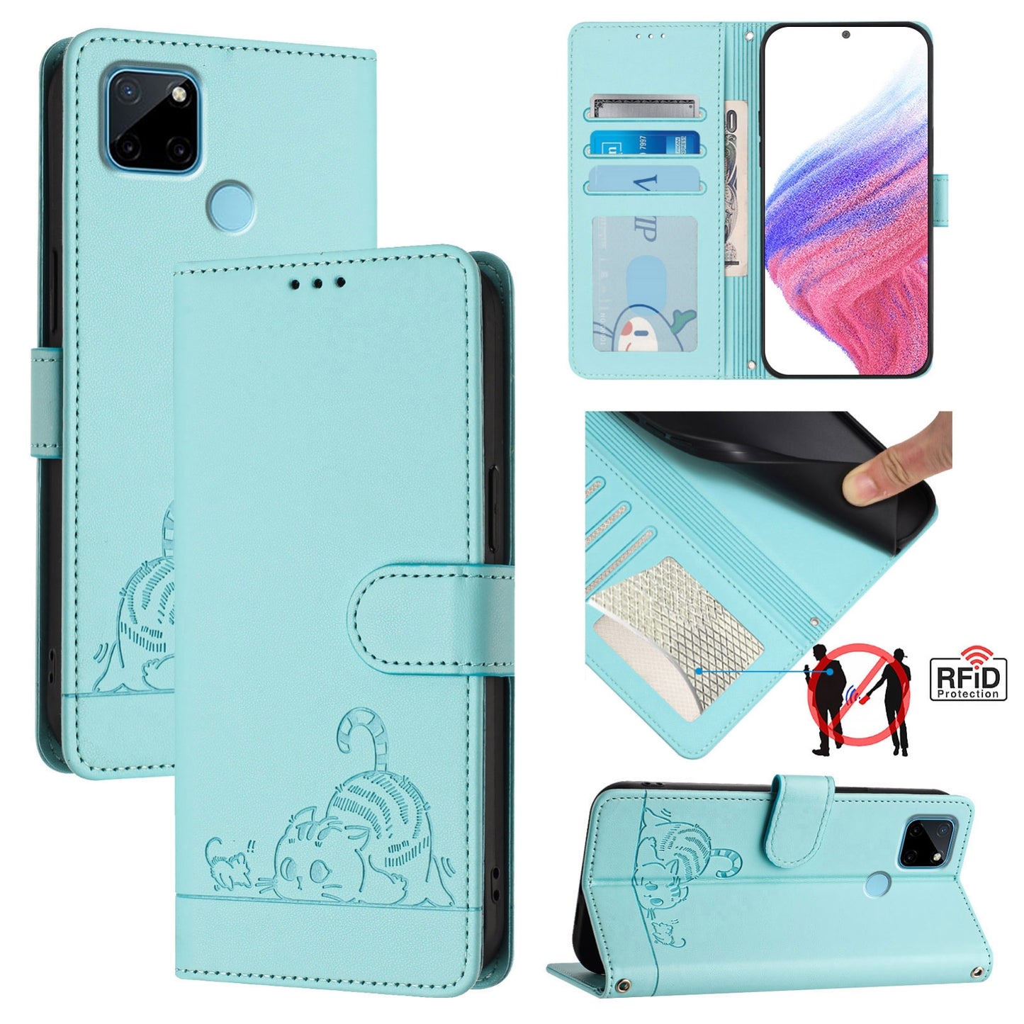 Realme C21Y Cat and Rat Embossed Pattern, RFID Leather Phone Case with Lanyard, Kickstand, and Wallet Features