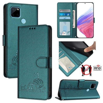 Realme C21Y Cat and Rat Embossed Pattern, RFID Leather Phone Case with Lanyard, Kickstand, and Wallet Features
