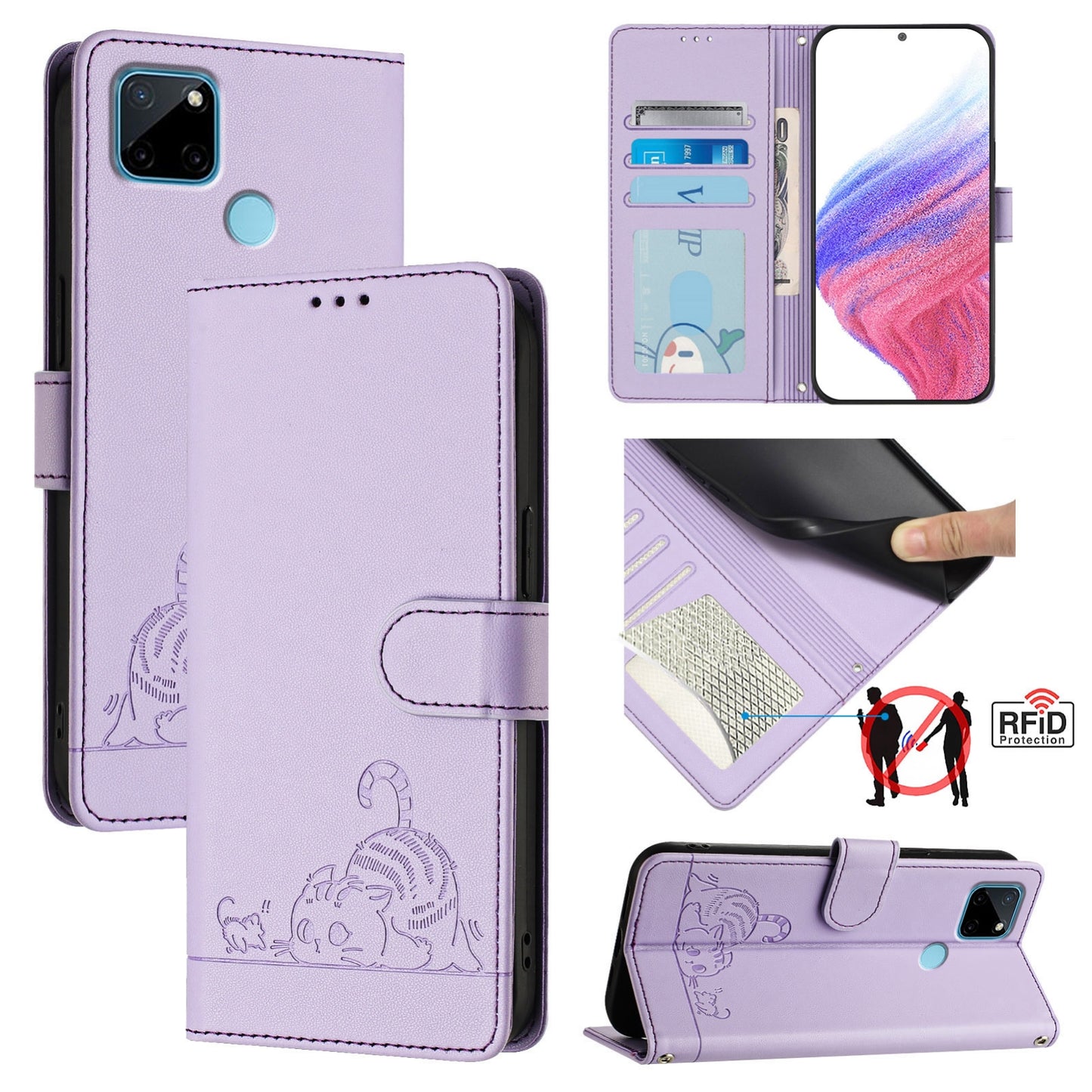 Realme C21Y Cat and Rat Embossed Pattern, RFID Leather Phone Case with Lanyard, Kickstand, and Wallet Features