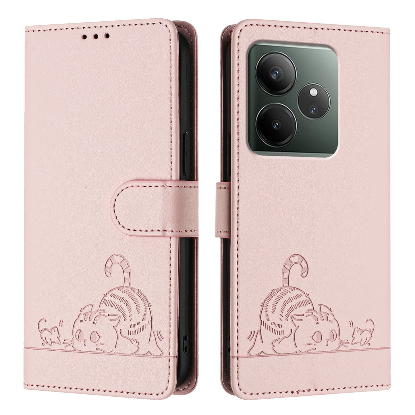 Realme GT 6 5G Global Cat and Rat Embossed Pattern, RFID Leather Phone Case with Lanyard, Kickstand, and Wallet Features