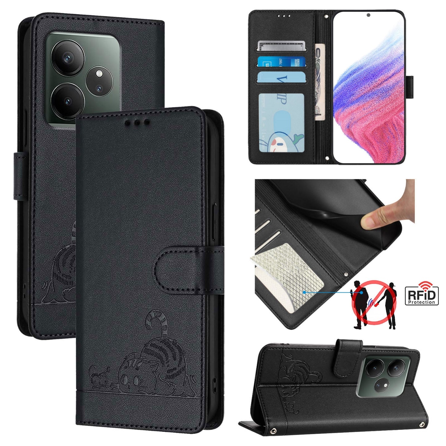 Realme GT 6 5G Global Cat and Rat Embossed Pattern, RFID Leather Phone Case with Lanyard, Kickstand, and Wallet Features