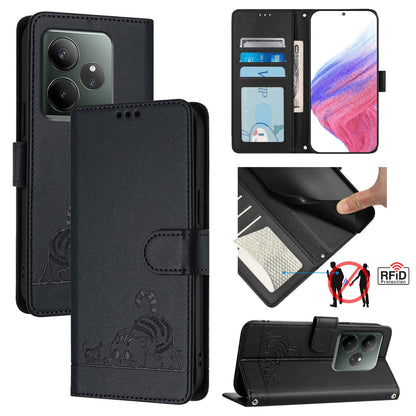 Realme GT 6 5G Global Cat and Rat Embossed Pattern, RFID Leather Phone Case with Lanyard, Kickstand, and Wallet Features