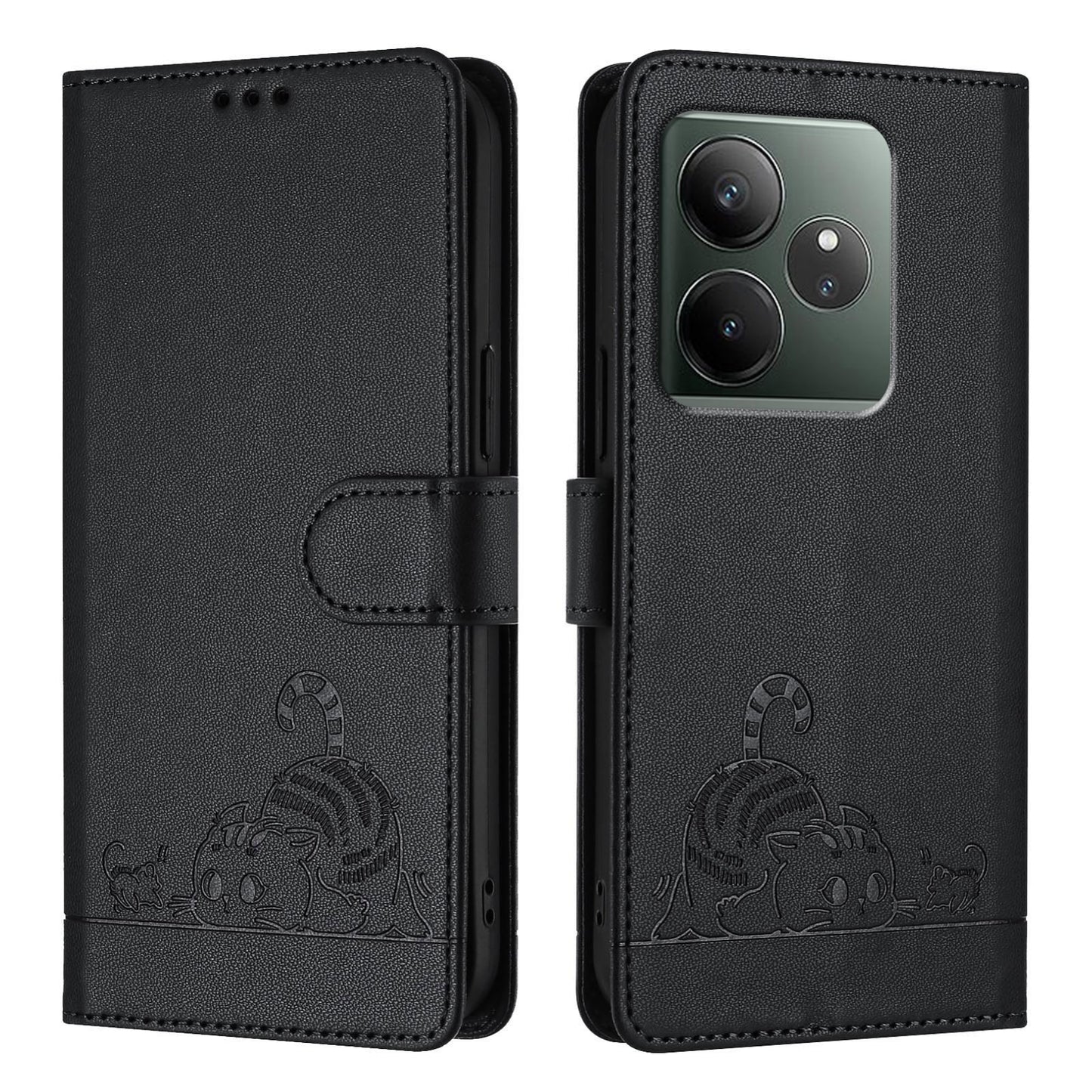 Realme GT 6 5G Global Cat and Rat Embossed Pattern, RFID Leather Phone Case with Lanyard, Kickstand, and Wallet Features