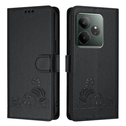 Realme GT 6 5G Global Cat and Rat Embossed Pattern, RFID Leather Phone Case with Lanyard, Kickstand, and Wallet Features