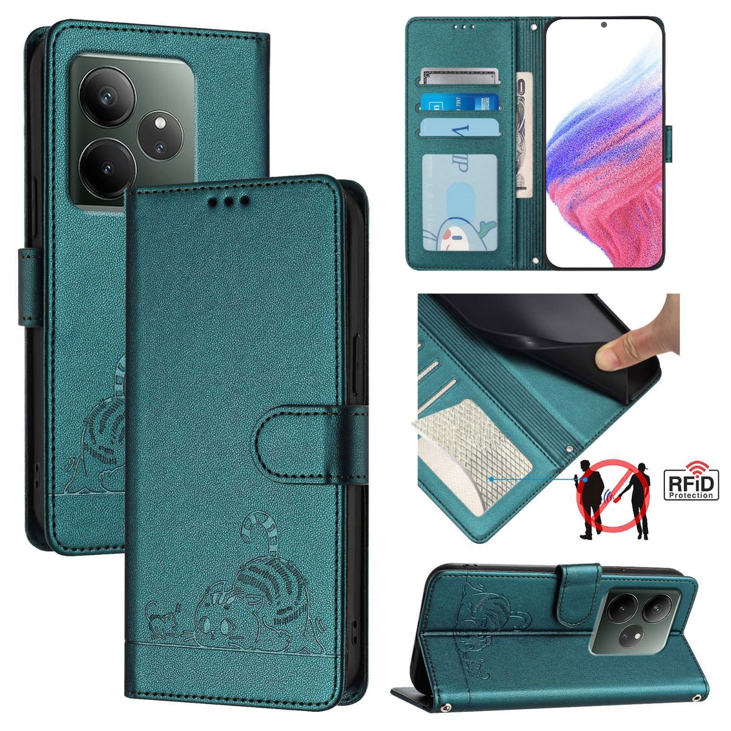 Realme GT 6 5G Global Cat and Rat Embossed Pattern, RFID Leather Phone Case with Lanyard, Kickstand, and Wallet Features